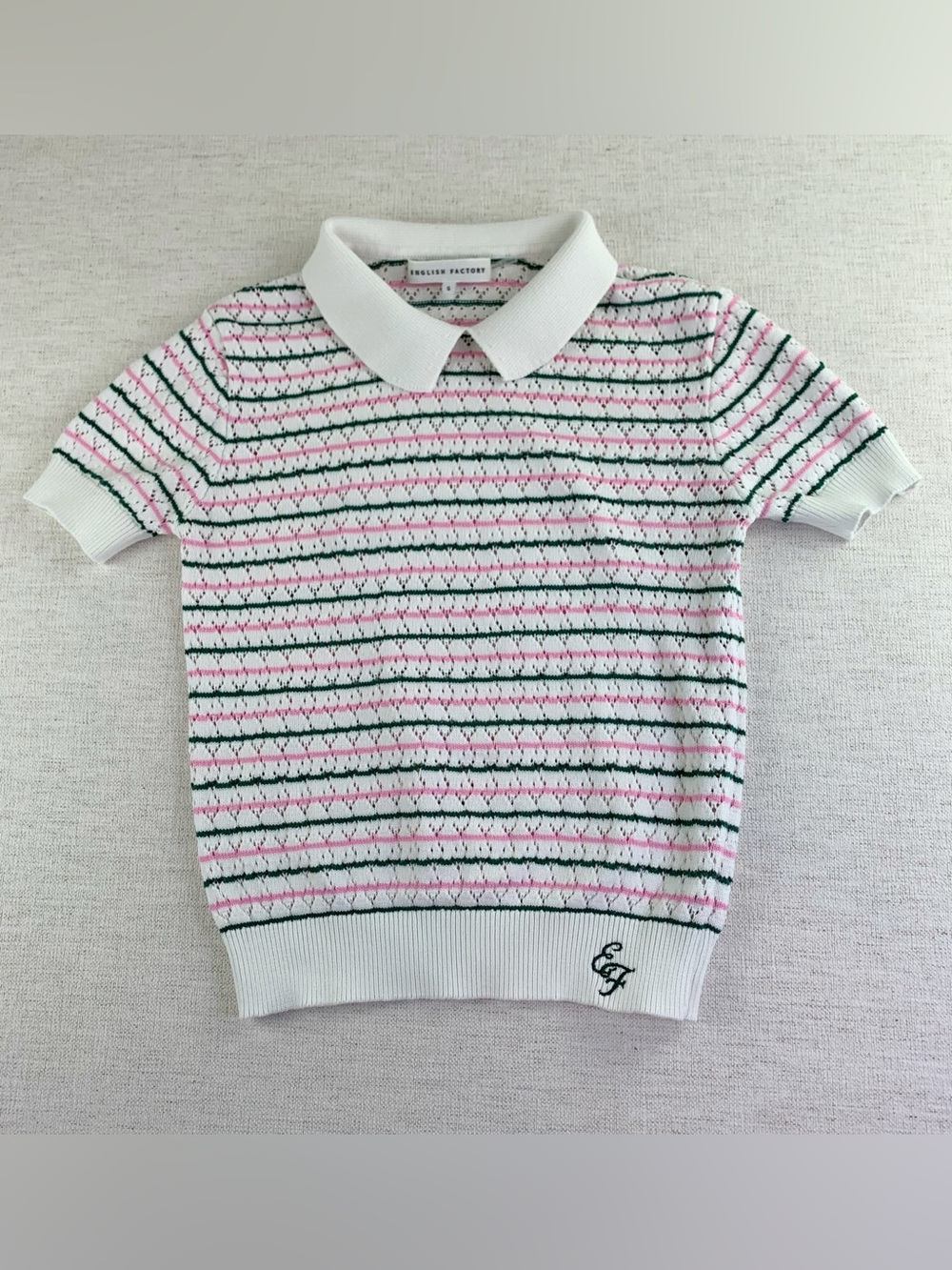 English Factory women's short sleeve Striped Knit Polo sweater size S pink white